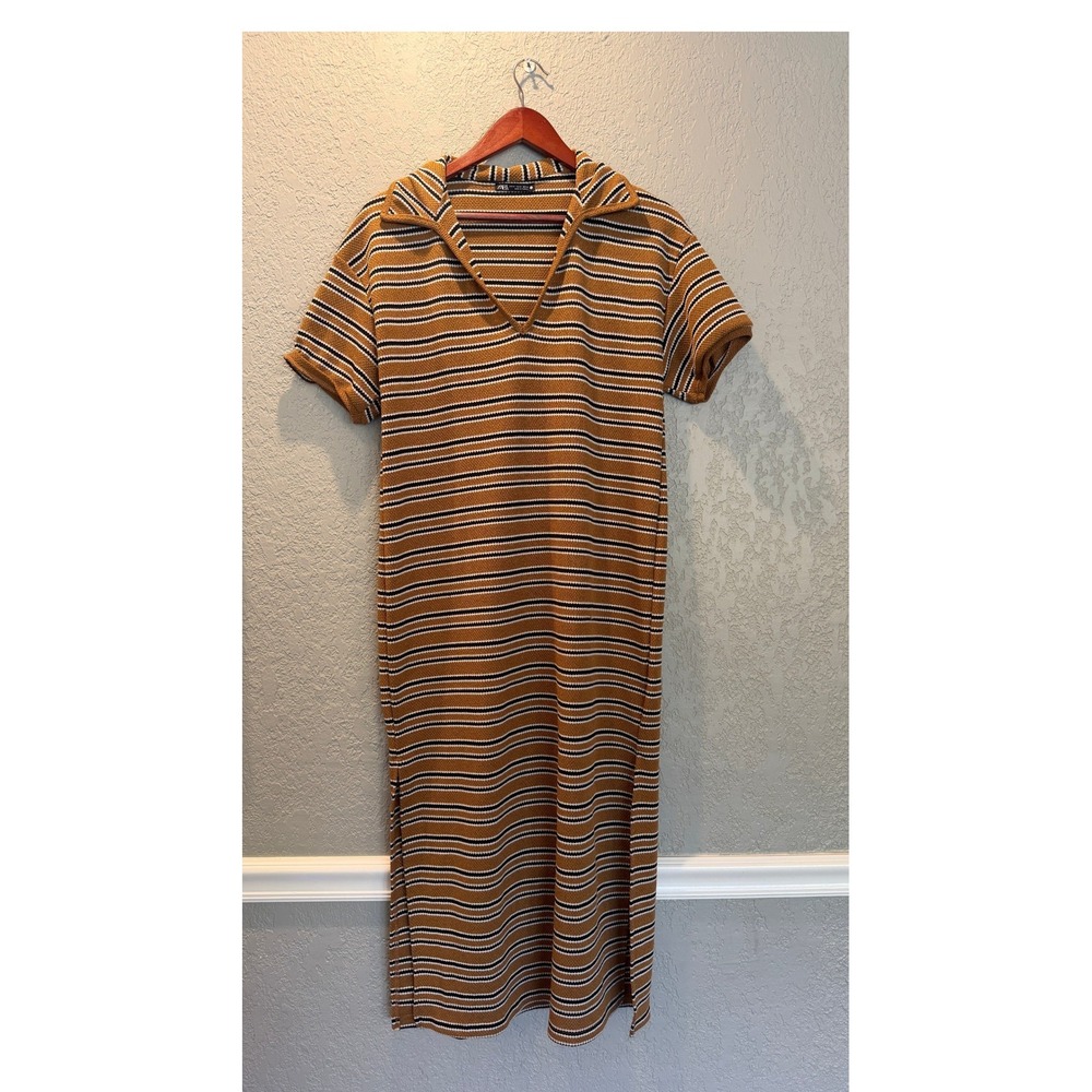 Zara Womens Striped Knit Polo Midi Dress Mustard Yellow Navy Blue White Size M